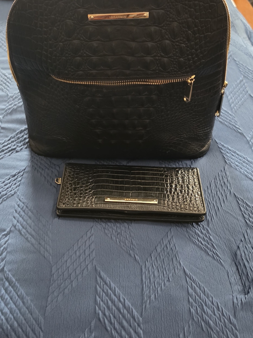Brahmin Black Croc-Embossed Backpack with Matching Wallet